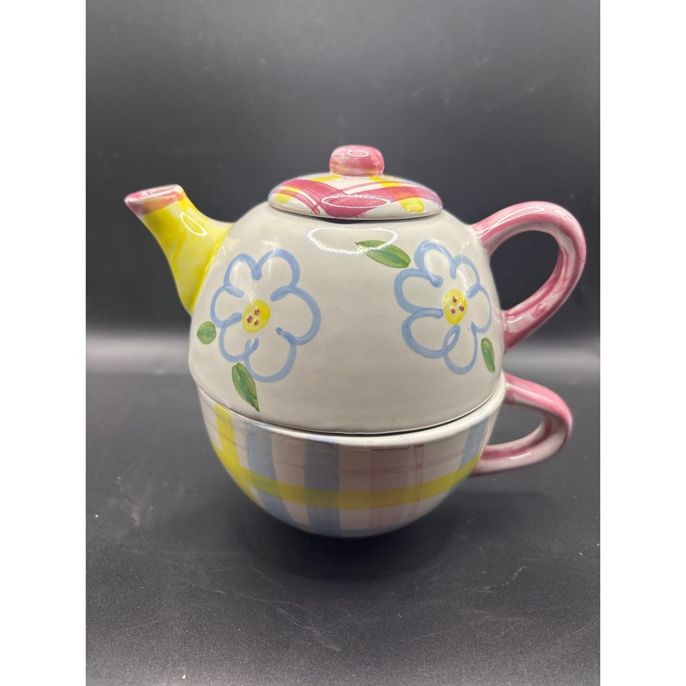 Betallic Inc Tea For One Set Ceramic Floral Plaid Teapot and Cup Pastel